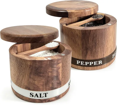 Vista 13 de ThougrLyh Bodega de sal, recipiente de sal de madera de acacia con tapa y cuchara, etiqueta de caja de sal grabada desmontable y cierre magnético