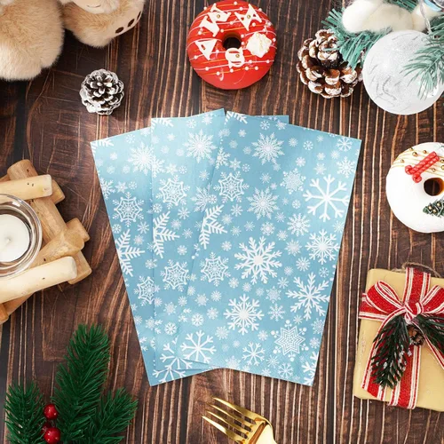 Vista 3 de Servilletas de papel desechables de 3 capas de copos de nieve de color azul cielo, servilletas de papel desechables para cena, suministros de fiesta