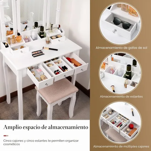Vista 3 de Escritorio de maquillaje blanco con espejo plegable y luces
