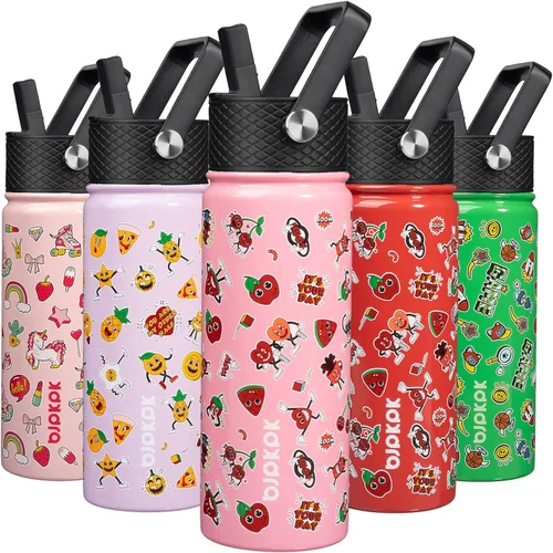 Vista 90 de BJPKPK Botella de agua con tapa con pajilla, botella de agua aislada de 15 onzas, botellas de agua de metal de acero inoxidable, termo reutilizable