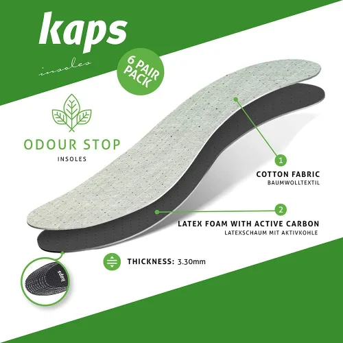 Vista 3 de Kaps Odour Stop - Juego de 6 pares de plantillas antiolores para zapatos con carbón que come olor, insertos para zapatos, paquete de 6 pares