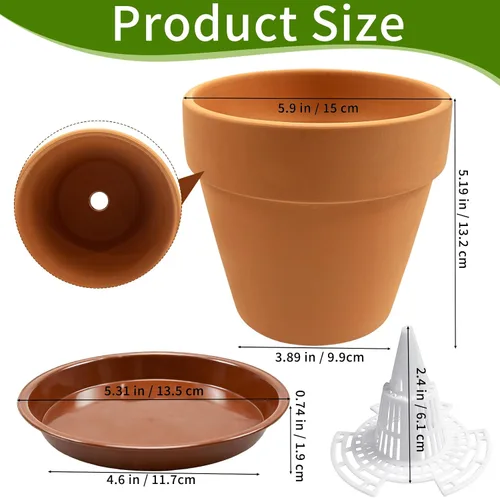 Vista 2 de Paquete de 6 macetas de terracota y arcilla de 6 pulgadas con platillo para plantas, macetas de arcilla transpirable, maceta de terracota