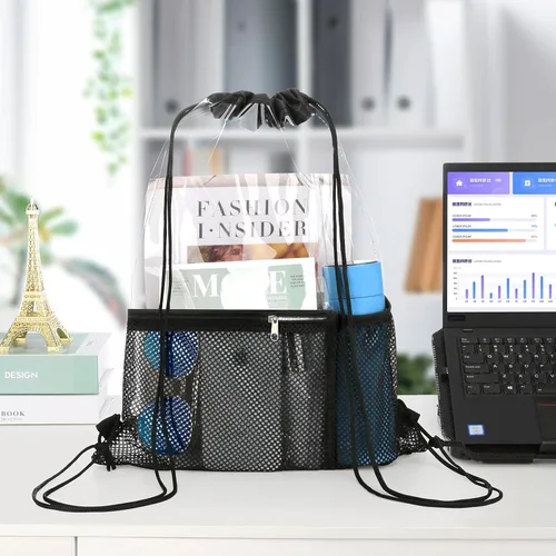 Vista 3 de Paquete de 2 bolsas transparentes con cordón aprobadas para estadios, mochila transparente de PVC con cordón, Negro -, Bolso de cordón transparente