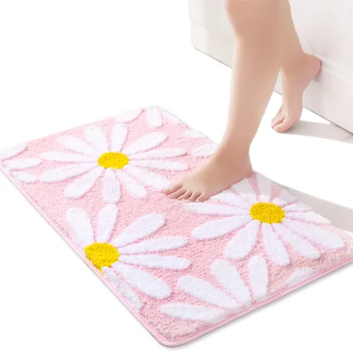 Vista 34 de QJHOMO Alfombra de baño beige con diseño de margaritas, decoración de flores blancas y amarillas, alfombra antideslizante de microfibra, súper