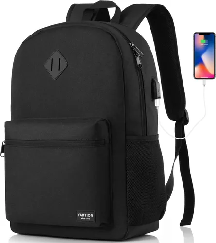 Vista 8 de YAMTION Mochila escolar, mochila clásica unisex para adolescentes con puerto USB para escuela secundaria, universidad, oficina, trabajo, viajes