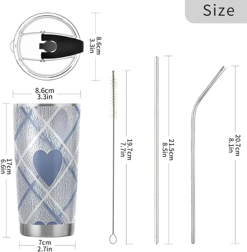 Vista 3 de Lindo lazo azul con corazón taza de acero inoxidable para automóvil con tapa y pajita, tazas de viaje aisladas para bebidas calientes para café