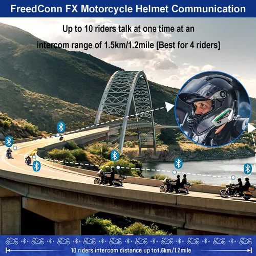 Vista 2 de FreedConn FX - Auriculares Bluetooth para motocicleta con intercambio de música, 2 unidades FX 10 Riders 4,921.3 ft, casco de grupo intercomunicador