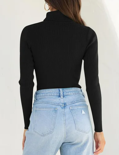 Vista 4 de ZESICA Camisas de punto de manga larga con cuello alto para mujer, camisetas básicas de otoño, suéter acanalado ajustado y ajustado