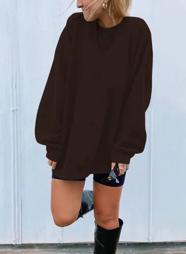 Vista 2 de Sudaderas de manga larga de gran tamaño para mujer, con cuello redondo, de color puro y estilo informal