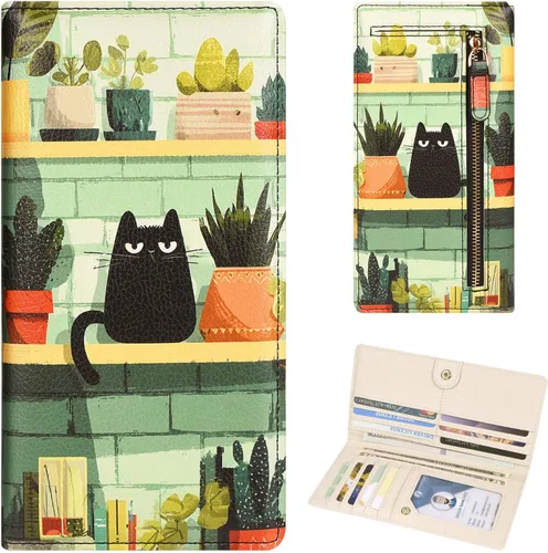 Vista 31 de Billetera para mujer, billetera RFID extradelgada, bolso plegable de cuero, con 11 ranuras para tarjetas y ventana de identificación, lindo monedero