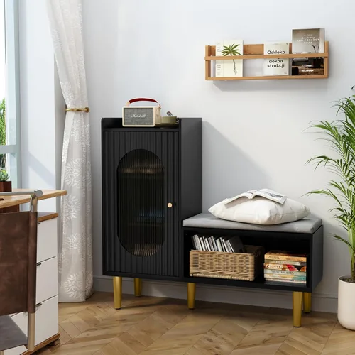 Vista 4 de HLR Banco de almacenamiento con puerta y estante de cristal, moderno banco de zapatos de entrada con asiento acolchado, armario de almacenamiento