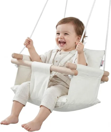 Vista 10 de CaTeam Asiento de columpio de lona para bebé con cinturón de seguridad de 5 puntos, columpio colgante de madera para niños pequeños, interior y Gris