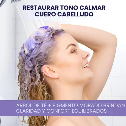Vista 4 de Juego de champú morado de árbol de té y mascarilla para cabello rubio