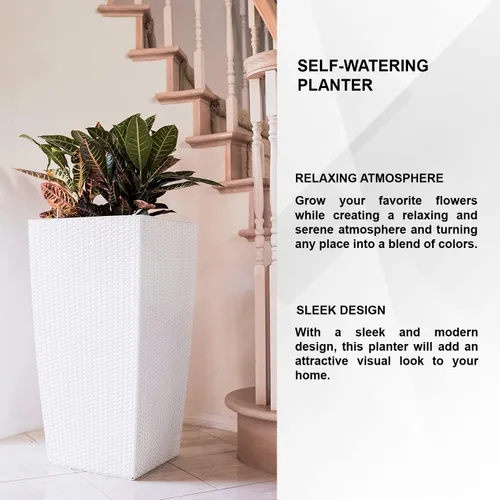Vista 5 de XBrand Maceta cuadrada de ratán blanco de 30 pulgadas de alto para interiores y exteriores, maceta decorativa alta para jardinería, decoración