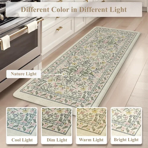 Vista 7 de Collive Tapete Anti Fatiga para Piso de Cocina, Tapetes de Cocina con Diseño Floral Primaveral para Piso Juego de 2, Alfombras para Fregadero Beige