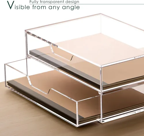 Vista 3 de SANRUI Clear Acrylic Drawer Organizer, Desk Organizer with 2 Drawers Thick solid acrylic, non-slip pads, fully assembled, for office vanity