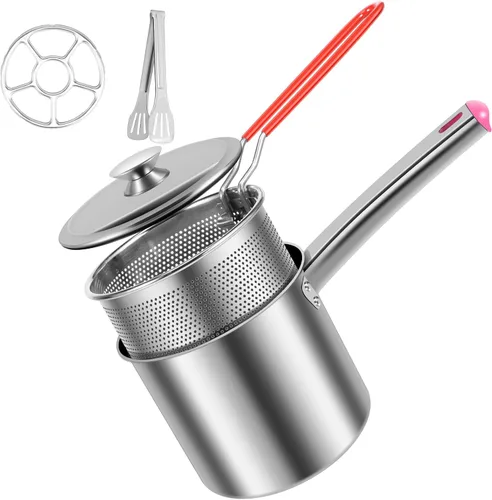 Vista 5 de Olla para freír con cesta coladora, olla de acero inoxidable con tapa y asa, mini freidora de aceite de 1.8 litros, freidora portátil, freidora