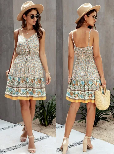 Vista 6 de PRETTYGARDEN - Vestido corto floral de verano, cuello en V, tirantes delgados, abotonado, vestido de verano, vestido mini de verano con volantes