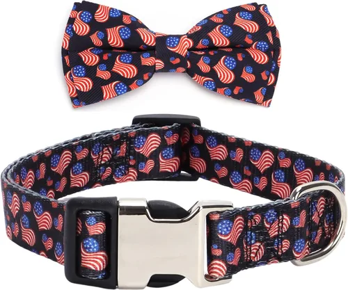 Vista 2 de Collar para perro con bandera estadounidense, ajustable de nailon suave con corbatín para mascotas, collares para cachorros para perros pequeños
