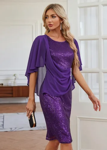 Vista 4 de Hanna Nikole Vestidos de lentejuelas para mujer, de gasa, con volantes, manga de capa, para fiesta, club, cóctel