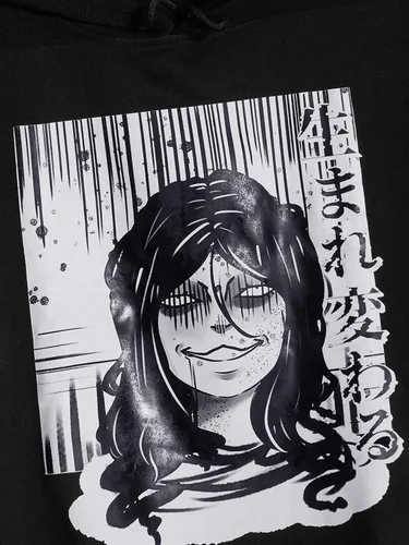 Vista 3 de WDIRARA Sudadera con capucha con cordón para hombre, estampado de anime, hombros caídos