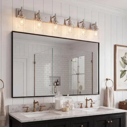 Vista 2 de 6 luces de tocador de baño, níquel cepillado, accesorios de iluminación de baño sobre espejo con vidrio transparente, aplique de pared industrial
