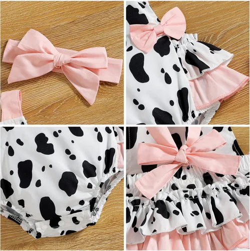 Vista 5 de ODASDO Conjunto de 2 piezas para bebé recién nacida, con estampado de vaca, ciervo y vaca, sin mangas, con volantes y diadema con lazo, conjunto