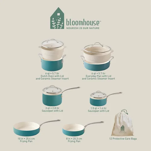 Vista 2 de Bloomhouse - Juego de 12 piezas de ollas y sartenes de aluminio con revestimiento antiadherente de cerámica no tóxica, inserto para vaporera de Azul