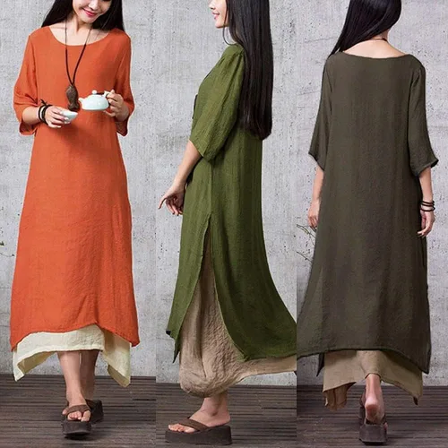 Vista 3 de Versear Vestido largo suelto para mujer, estilo bohemio, estilo túnica, vintage, con capas, casual, para mujer