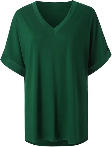 Vista 4 de Womens Summer Tops V Neck Plain Shirts Casual Rolled Sleeve T-Shirt Side Split Tunics Plus Size Hide Belly Blouse