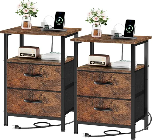 Vista 15 de Vagusicc Nightstand with Charging Station, End Table Bedside Table with 2 Fabric Drawers, Black Night Stand with USB Ports & Outlets, 24.2" Tall Bed