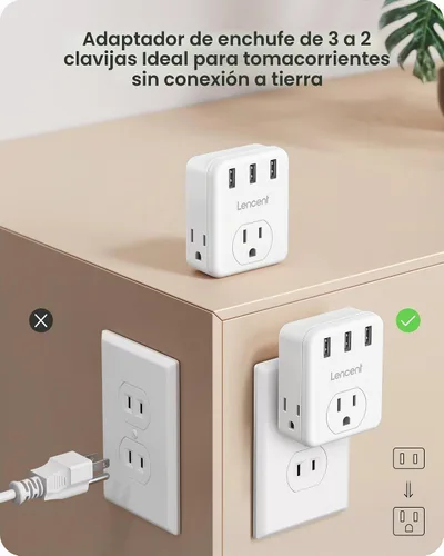 Vista 2 de LENCENT Adaptador de 3 clavijas a 2 clavijas, paquete de 2, extensor de 3 tomas de corriente con 3 USB