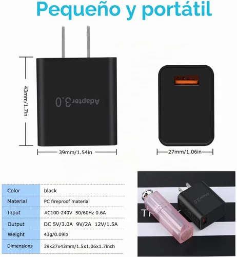 Vista 4 de Cargador de pared USB 3.0 de carga rápida [paquete de 4] Bloque de carga rápida de 5 V 3 A, adaptador de corriente QC de 18 W para soporte de Negro