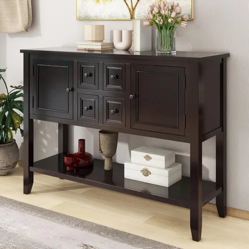 Vista 11 de Merax Mesa de buffet de madera con estante de almacenamiento, 2 cajones y armarios, gabinete de barra de café para sala de estar, comedor, cocina