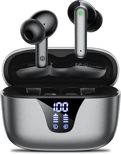 Vista 8 de Auriculares inalámbricos Bluetooth, auriculares de reproducción de 50 horas con micrófono, funda de carga con pantalla digital LED, IPX7