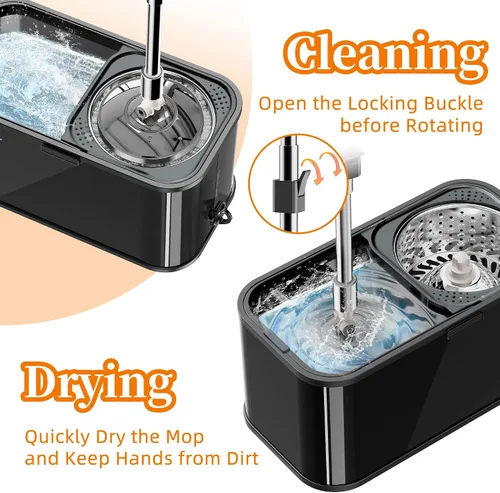 Vista 2 de Trapeador giratorio y cubo con escurridor para el hogar, trapeador de 360° y cubo con agua limpia y sucia separada, mopa de polvo húmedo