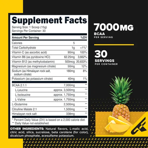 Vista 2 de Primaforce BCAA Polvo (piña mango) 30 porciones por envase – 2:1:1 BCAAs, bebida de recuperación después del entrenamiento con aminoácidos y sal