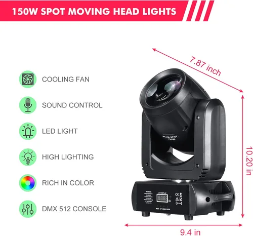 Vista 2 de Luz de cabeza móvil de 150 W, luces de escenario, 8 gobos, 8 colores, 12 canales, focos de haz de 18 caras, prisma DMX 512 con activación por sonido