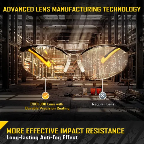Vista 6 de COOLJOB Gafas de seguridad antivaho con lente transparente antiarañazos, ANSI Z87.1. Gafas de protección contra impactos y UV con tapones de oído