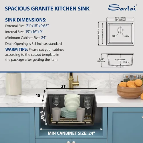 Vista 6 de Sarlai 21 Inch Black Undermount Kitchen Sink Granite Composite Wet Bar Sink Negro