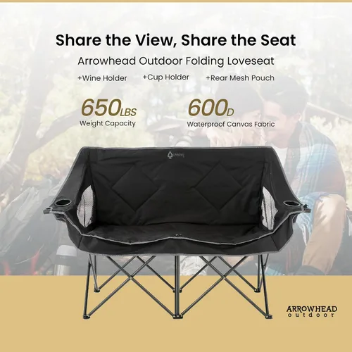 Vista 4 de ARROWHEAD OUTDOOR Silla de camping plegable portátil doble Duo con 2 tazas y soporte para copas de vino, bolsa de transporte, soporta hasta 650