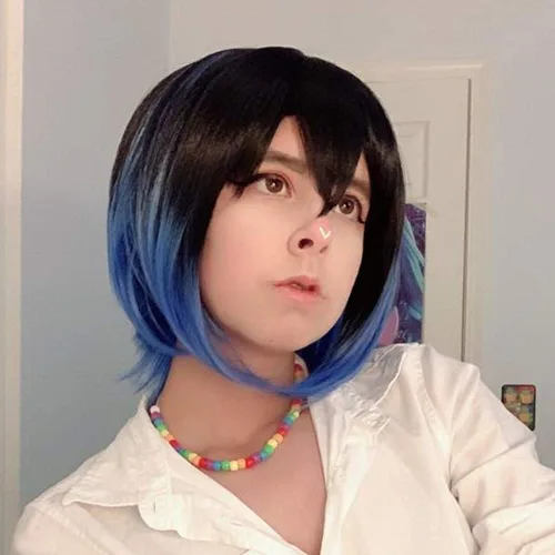 Vista 5 de Aadesso Anime Kimetsu no Yaiba Hashibira Inosuke Cosplay peluca negro degradado azul pelucas sintético Halloween pelo