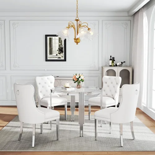Vista 38 de Juego de mesa de comedor de cristal de 5 piezas para 4, mesa de cocina cuadrada de 37 pulgadas con 4 sillas tapizadas de terciopelo negro, mesa