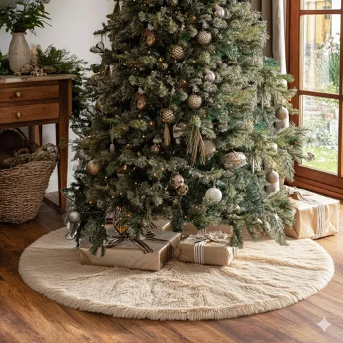 Vista 4 de AISENO Falda de árbol de Navidad de 60 pulgadas, decoración navideña de felpa de piel sintética beige para árbol de Navidad, fiesta festiva