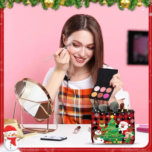 Vista 4 de Zonon Juego de 6 bolsas de maquillaje de lona de Navidad, pequeñas bolsas de cosméticos con cremallera portátil, bonita bolsa de estilo cuadros