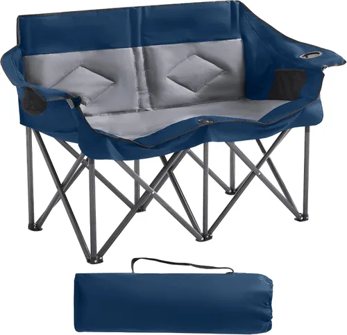 Vista 10 de Silla plegable doble de camping para 2 personas, resistente y de gran tamaño, soporta 800 libras con portavasos y bolsillo lateral para campamento
