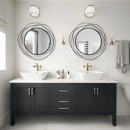 Vista 4 de HQiJun Espejo Redondo de Pared – Espejo Circular Grande Negro de 26.8" para Pared con Marco de Metal Decorativo Arte Duradero, Espejo Colgante