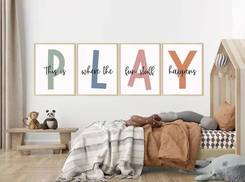 Vista 5 de Arte de pared para sala de juegos para niños, decoración de pared para habitación de niños, impresión en lienzo para sala de juegos para bebés