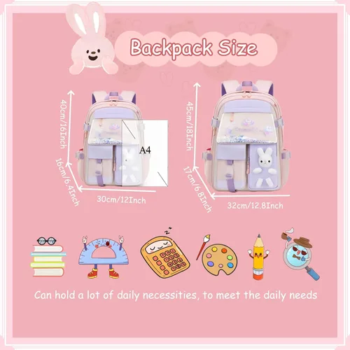 Vista 2 de VIDOSCLA Mochila de conejito para la escuela, Kawaii para niños y niñas, bolsas de libros, A# Rabbite kawaii púrpura, Chica-Conejito Kawaii