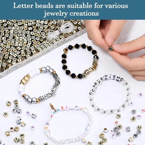 Vista 3 de 900 cuentas acrílicas doradas de letras del alfabeto, letras coloridas del alfabeto, cuentas de cubo negro para pulseras de la amistad y regalos